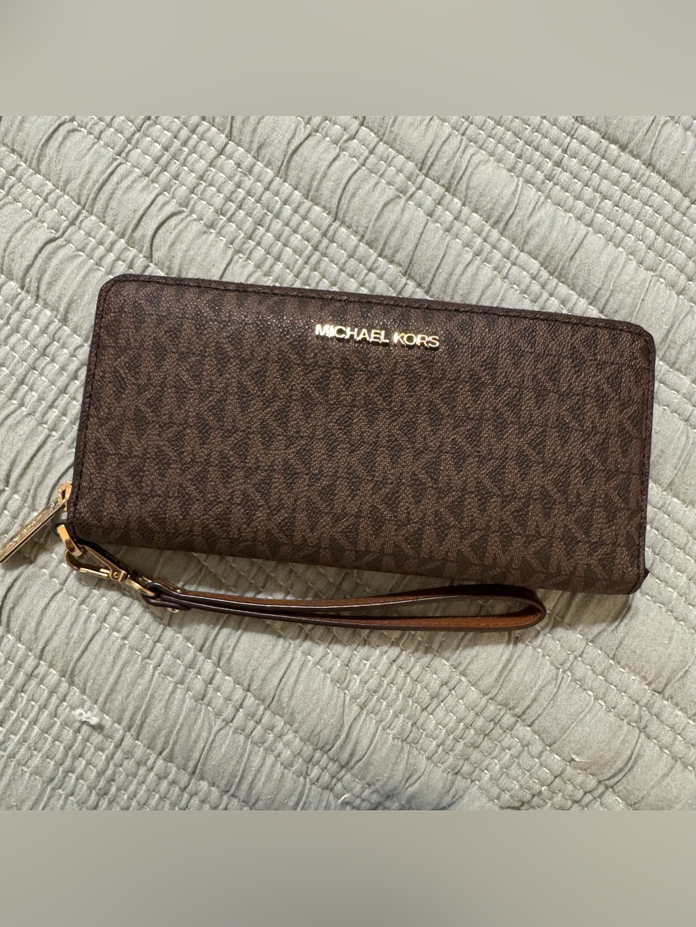 Michael Kors Brown & Gold MK Logo Zip Wristlet